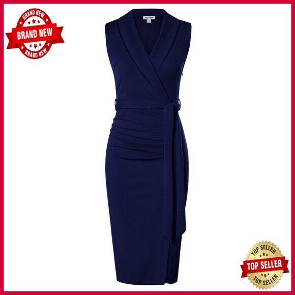 Sleeveless Ruched Bodycon Midi Dress with Belt Office Work Professional Elegant